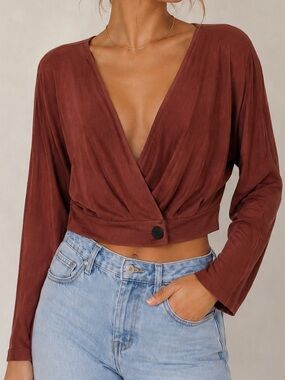 Zara Rust Colored Wrap-Front Long Sleeve Crop Blouse